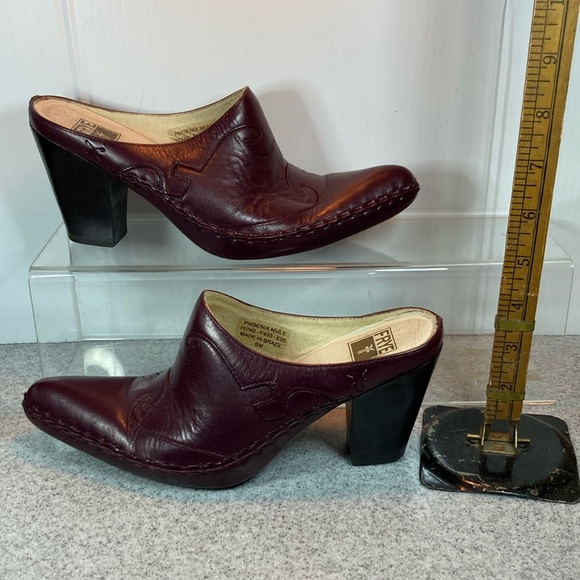 Maroon‎ all leather size 6 Frye mules size 6. Stacked wooden heel. Box 10